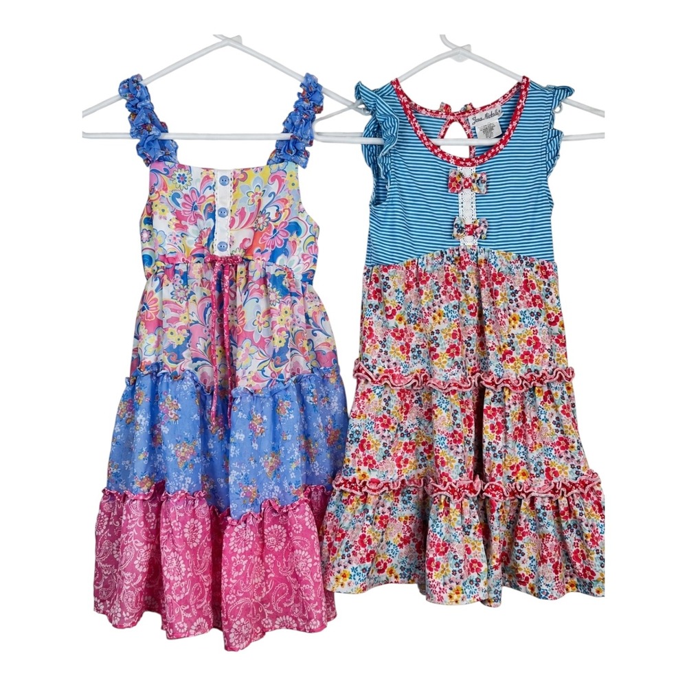 Jona Michelle Girls Floral Tiered Ruffle Dresses Lot of 2 - Size 6 and Size 7